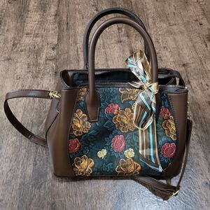 NWOT Floral Brown Handbag With Scarf